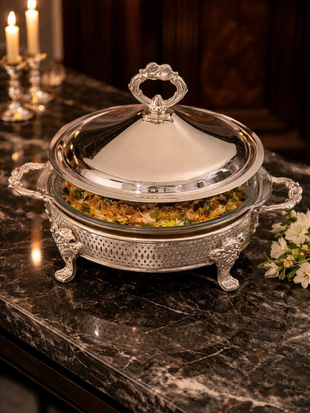 Ornate Silver Covered Serving Dish with Decorative Handles